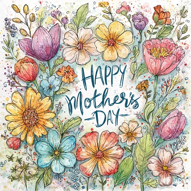 Mothers Day Watercolor Illustration with Flowers