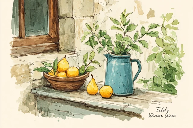 Watercolor Still Life Fruits and Jug Vintage Style