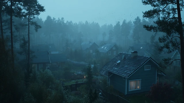 Misty Morning Forest Houses Cinematic Scene