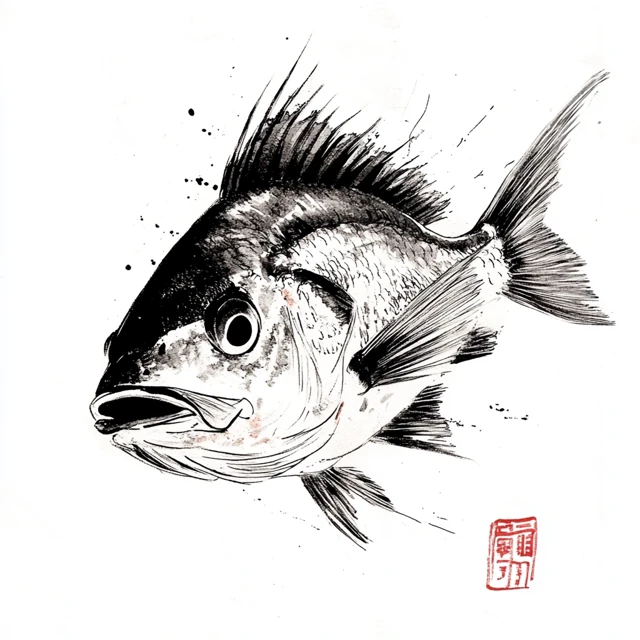 Red Seabream Madai Face Sumi e Ink Illustration