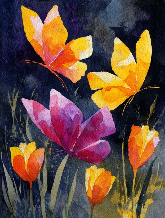 Butterflies and Tulips Watercolor Painting