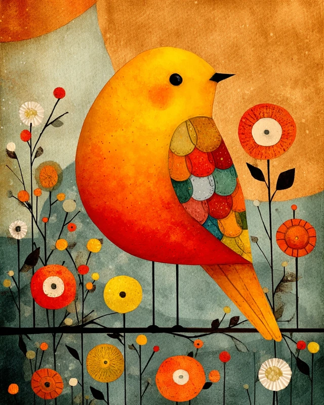 Whimsical Bird Watercolor Painting Folk Art