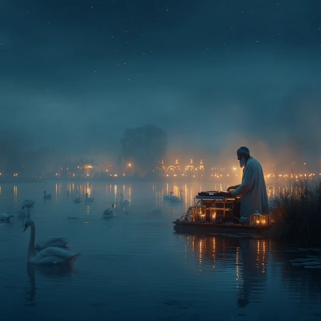 DJ on a Pond Moonlit Scene with Swans