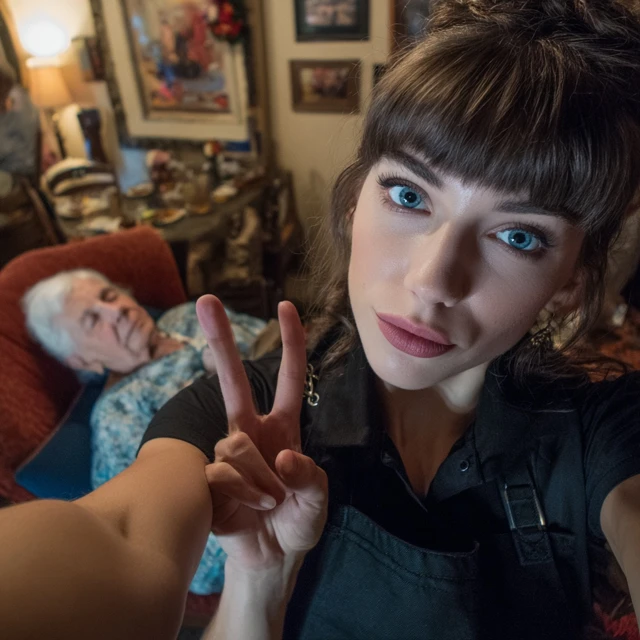 Waitress Selfie with Old Woman in Background Restaurant