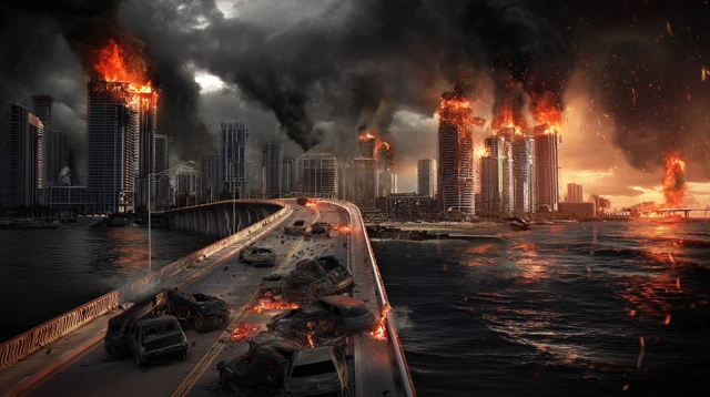 Apocalyptic City Destroyed Burning Bridge
