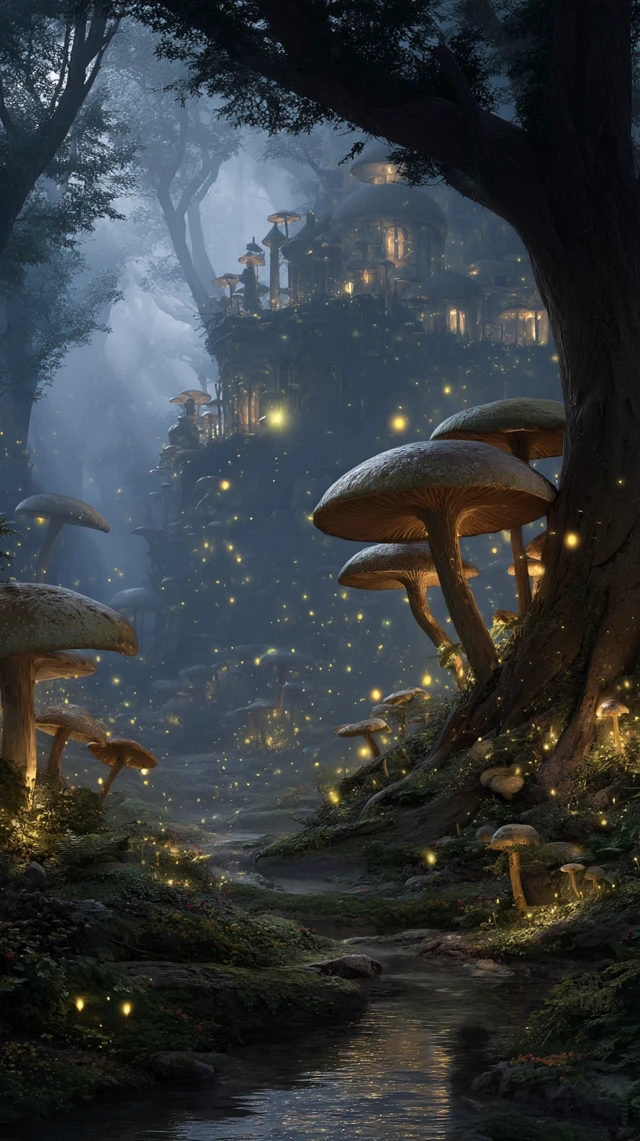 Mysterious Mushroom Castle at Dusk Fantasy Art
