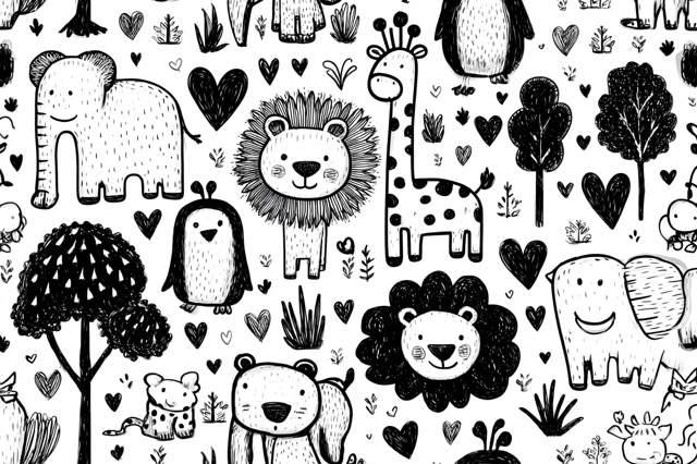 Kids Doodle Zoo Animals Black and White Vector Art