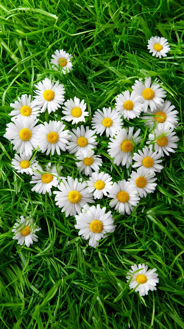 Daisies Heart Shape on Green Grass Nature Theme
