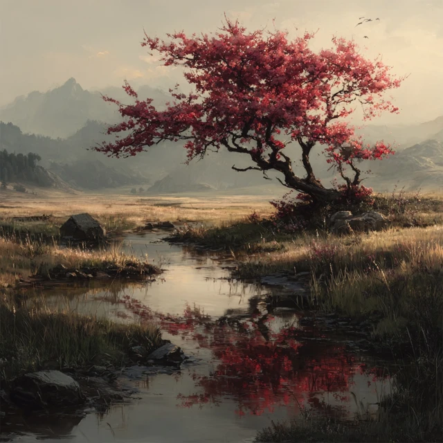 Cherry Blossom Tree in a Field with Stream Landscape