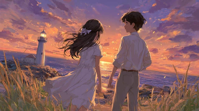 Coastal Sunset Anime Romance Scene