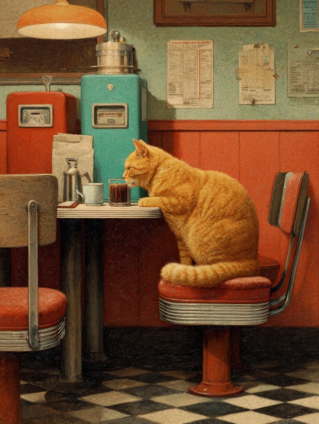 Cat in Diner Drinking Coffee