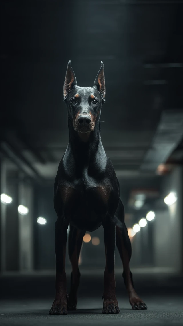 Doberman Portrait Alert in Garage Cinematic Shadows