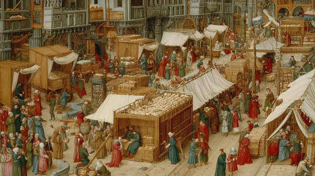Medieval Market Scene Ivory Copper Textiles