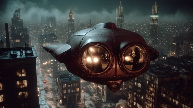 Owlship Archie Flying Over 1950s Noir City