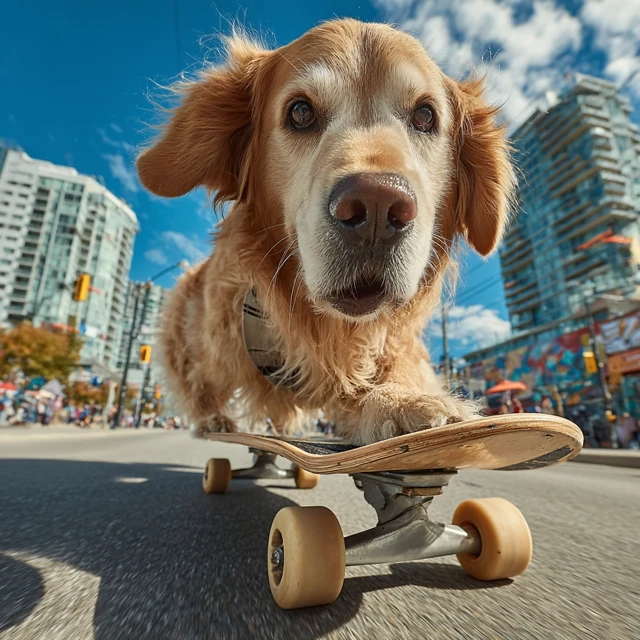Golden Retriever Dog Skateboarding City Street