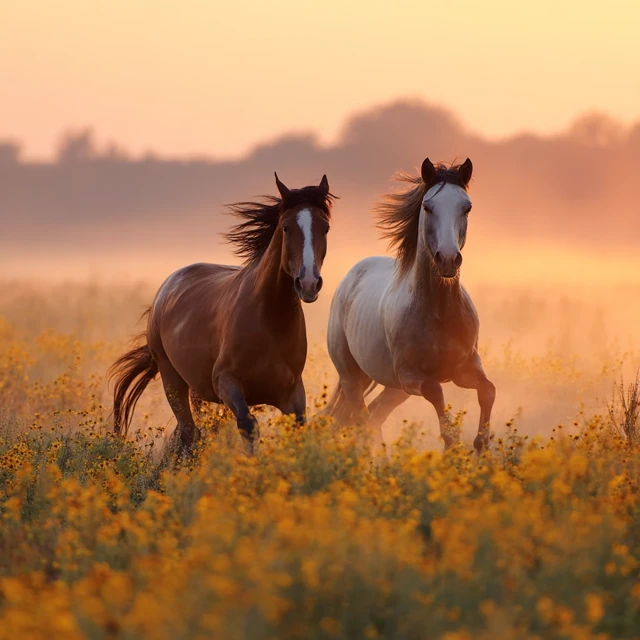 Horses in a Summer Flower Field Morning Sun