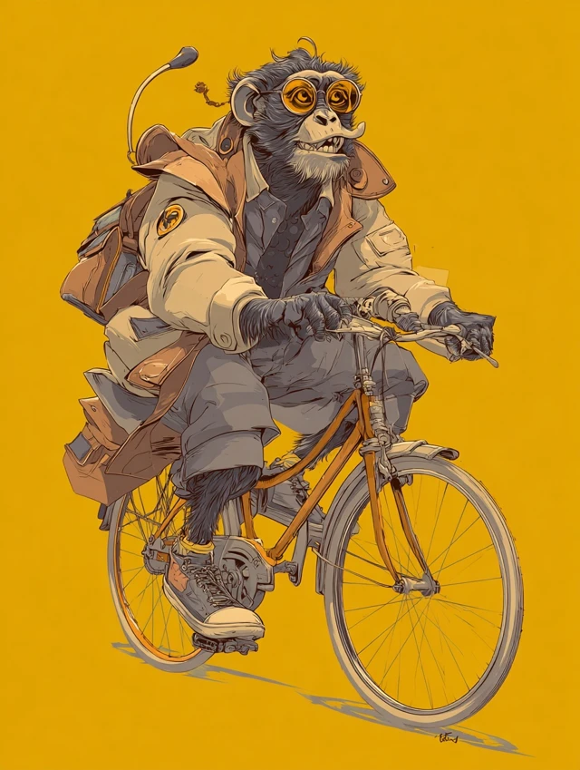 Monkey Riding Bike Funny Illustration