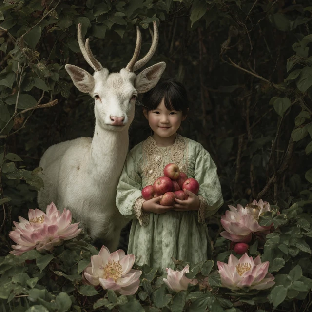 Girl and White Deer in the Garden
