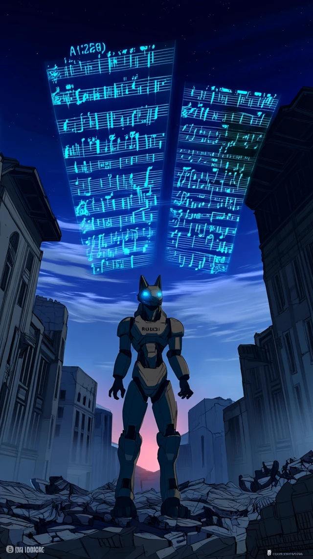 Anime Robot Dog in Ruins with Musical Holograms