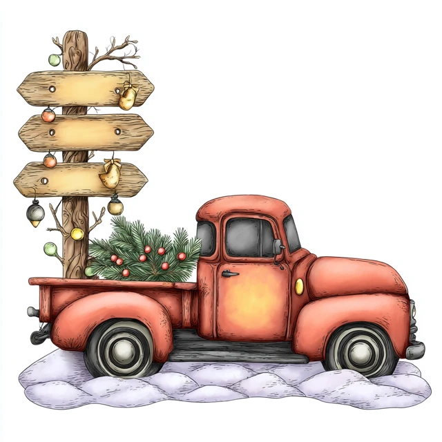 Vintage Red Truck Christmas Illustration