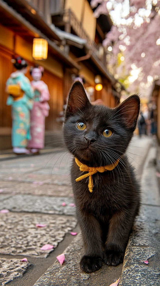 Cute Kitten in Kyoto Cherry Blossoms