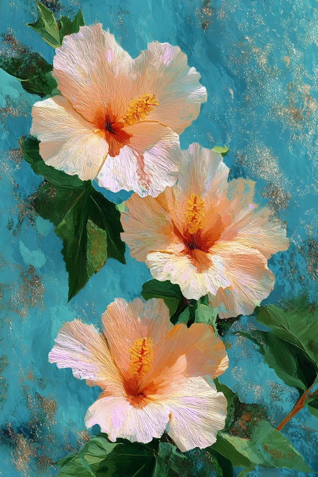 Hibiscus Blossoms Oil Painting on Blue Background