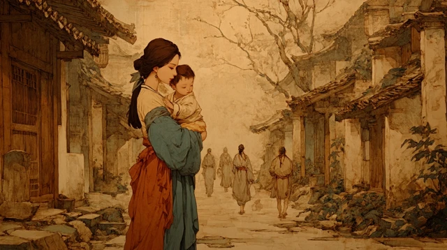 Ancient Chinese Village Street at Sunrise - Buddhist Art