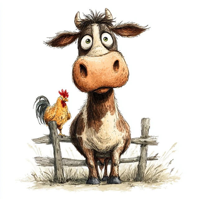 Funny Cartoon Cow and Chicken Friends Illustration