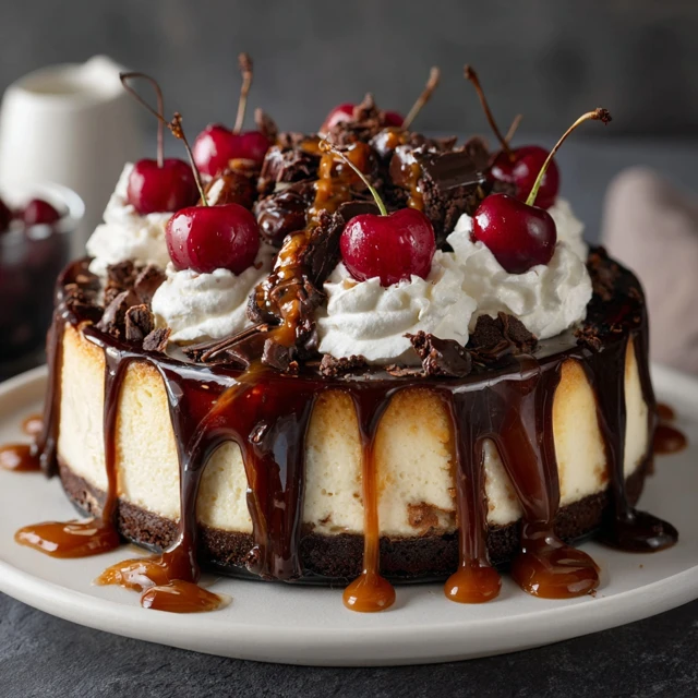 Chocolate Cheesecake with Cherries and Caramel