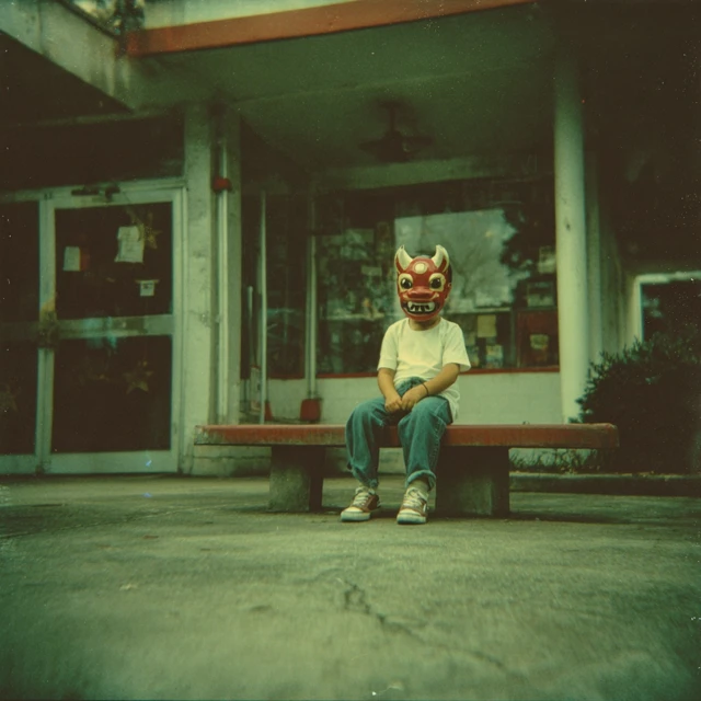 Devil Mask Child at Gas Station Vintage Photo