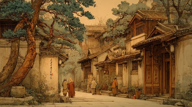 Ancient Chinese Village Street at Sunrise - Buddhist Art