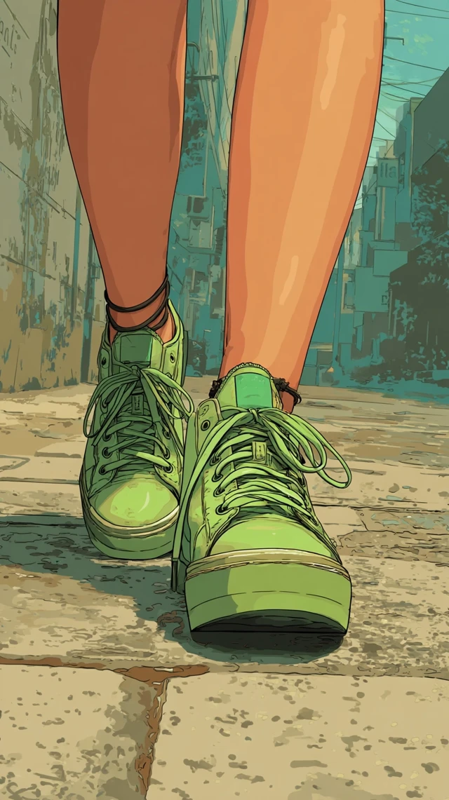 Retro Anime Woman Green Sneakers Walking