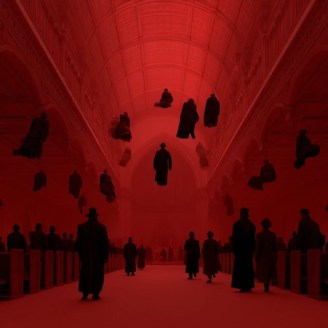 Red Lit Church Interior People Flying