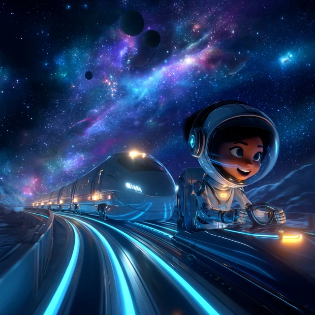 Astronaut Train Ride Through Space Cartoon