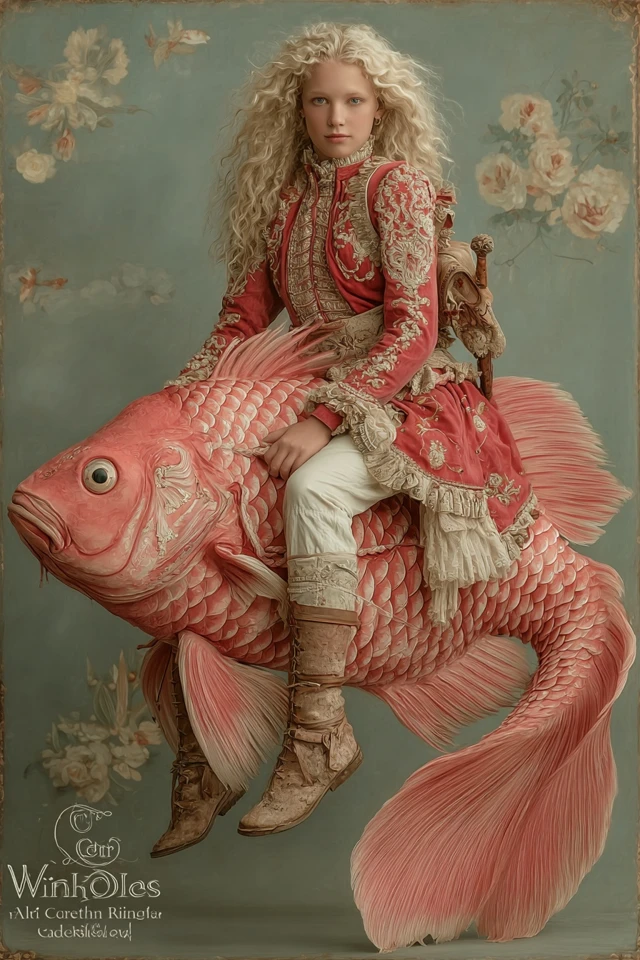 Woman on Pink Fish Art Deco Dreamlike Illustration