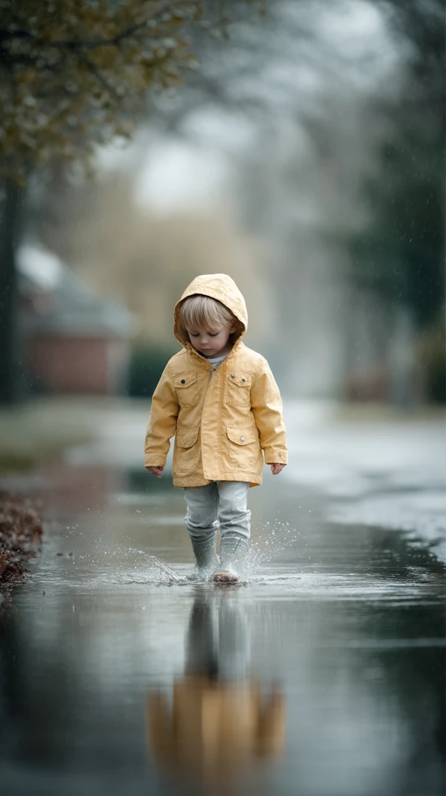 Child in Raincoat Playing in Puddle