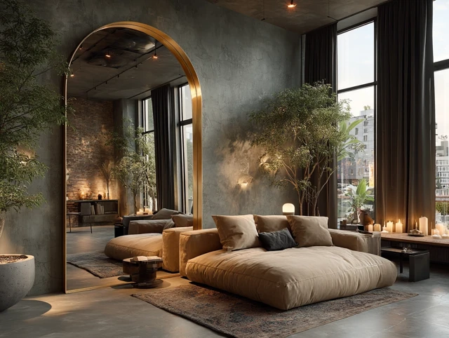 Modern Interior Design with Arched Mirror and Sofa