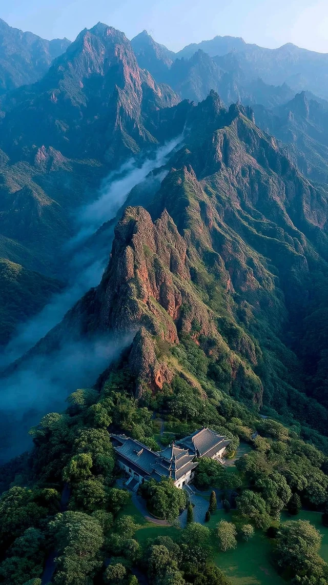 Aerial Mountain View Southwest China Misty Peaks
