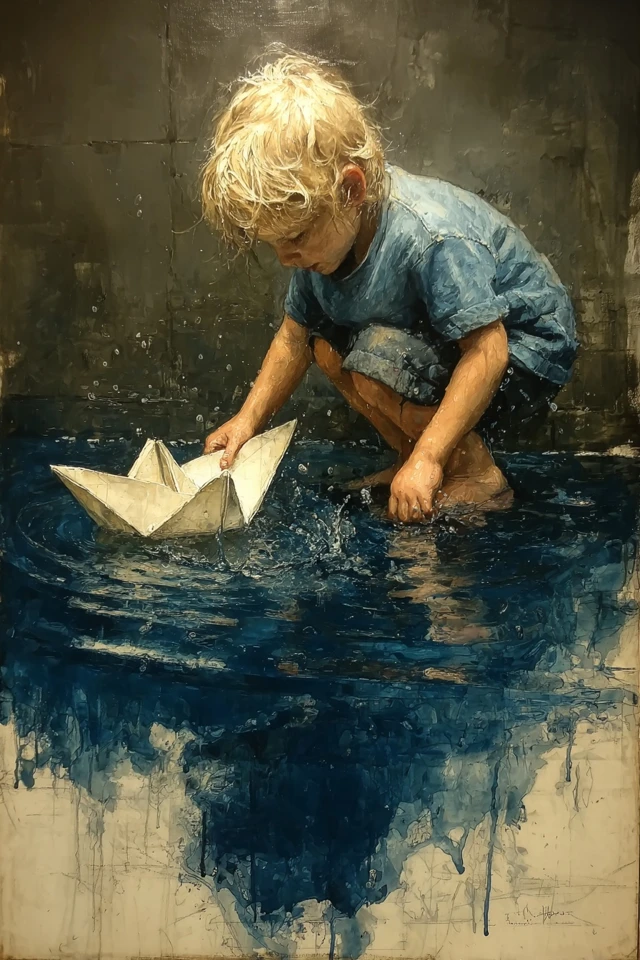Dark Fantasy Boy and Paper Boat Painting