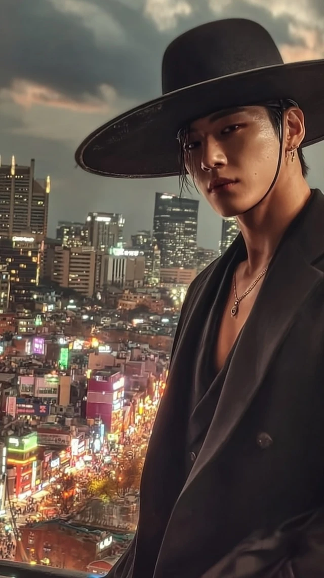 Seoul Night Asian Man in Black Gat and Suit
