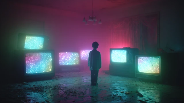 Abandoned 80s Room with Boy and Galaxy TVs