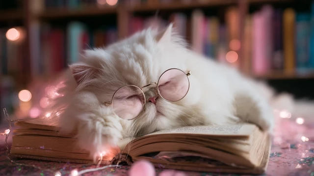 Cozy Cat Reading A Book With Glasses And Fairy Lights