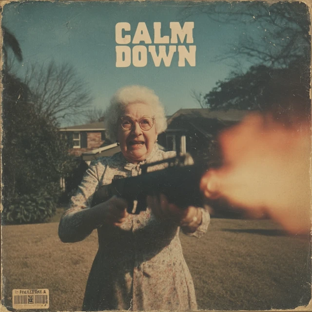 Calm Down Album Cover: Grandma with Flamethrower