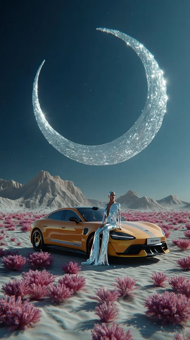 Surrealist Car Scene Crystal Moon Purple Flowers Desert