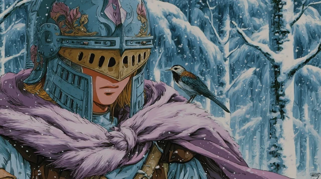 Retro Anime Knight in Winter with Bird