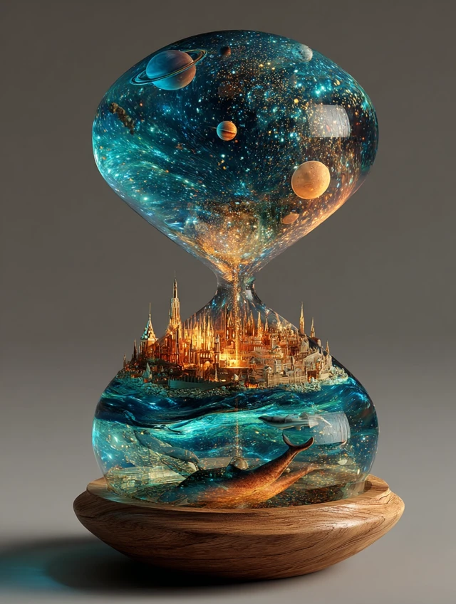 Hourglass with Space City and Sea 3D Art