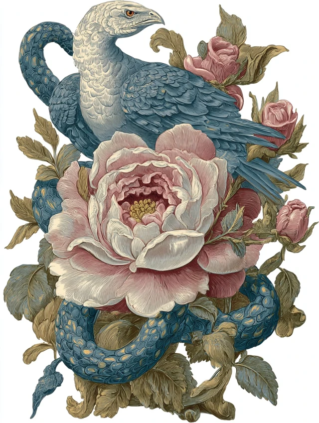 Snake Dove and Rose Old English Illustration