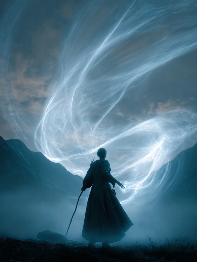 Mist Mage Casting Magic in a Fantasy Landscape
