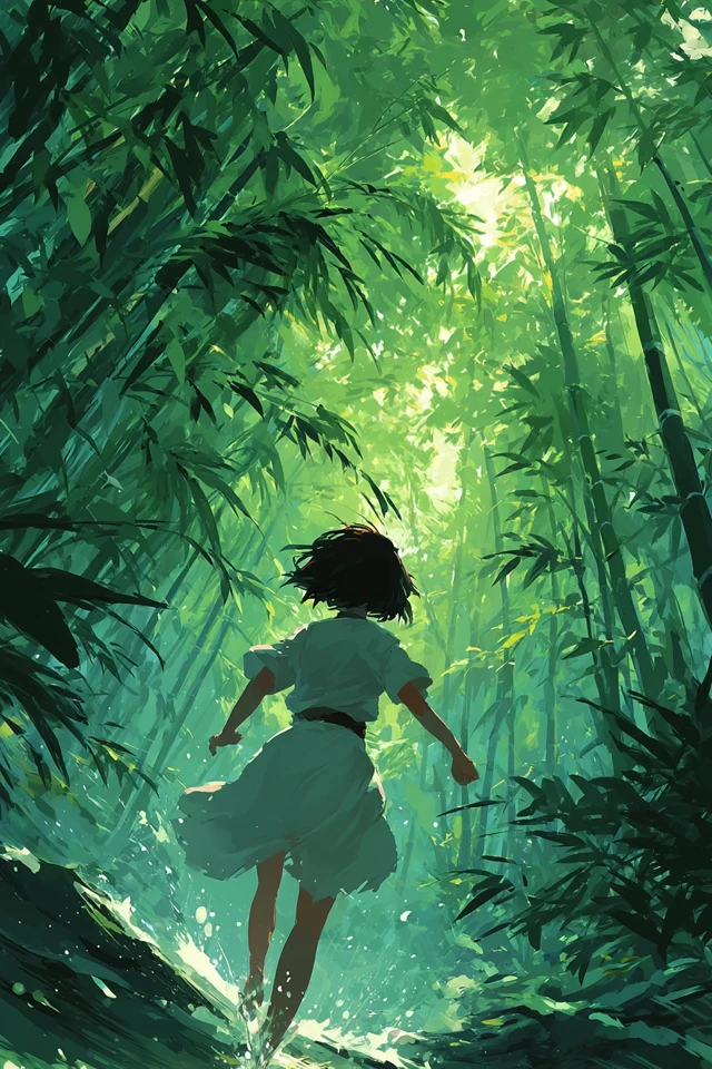 Girl in Bamboo Forest Ghibli Anime Style