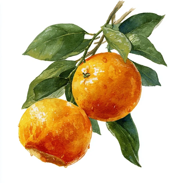 Orange Watercolor Painting Fruit with Leaves